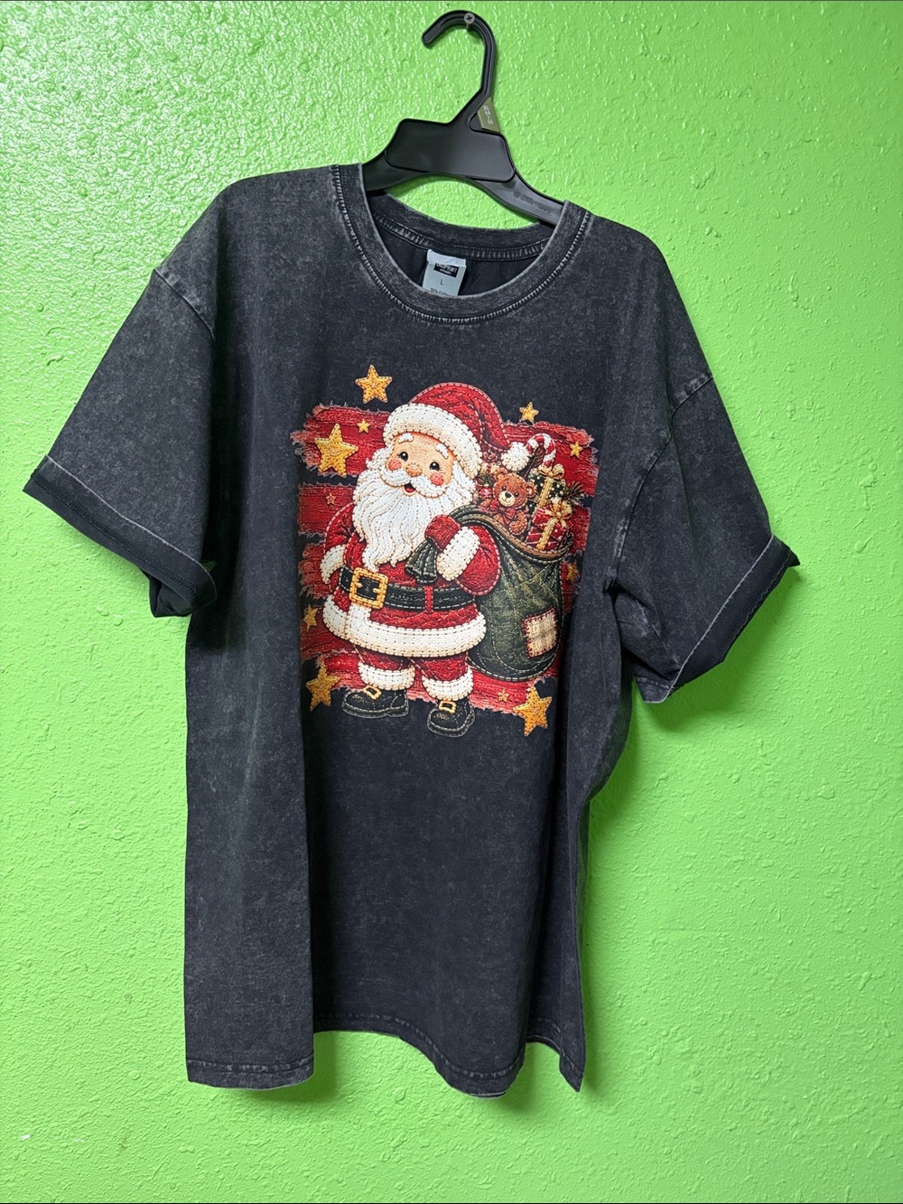 Adult Black Santa Graphic Tee - Holiday Short Sleeve Top